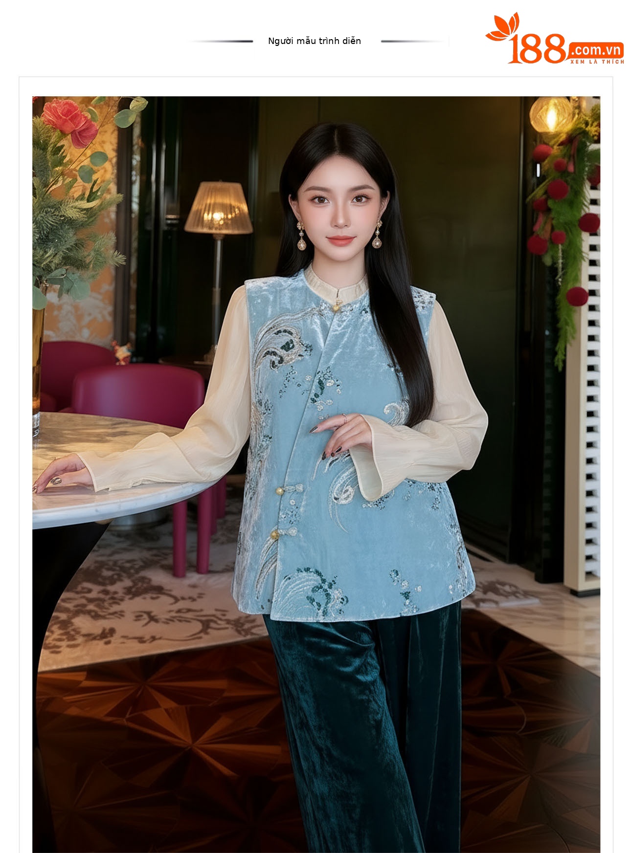 Áo gile cổ lọ nữ phong cách Trung Hoa mới, thêu đính cườm họa tiết nổi bật — xanh lam chi tiết 1