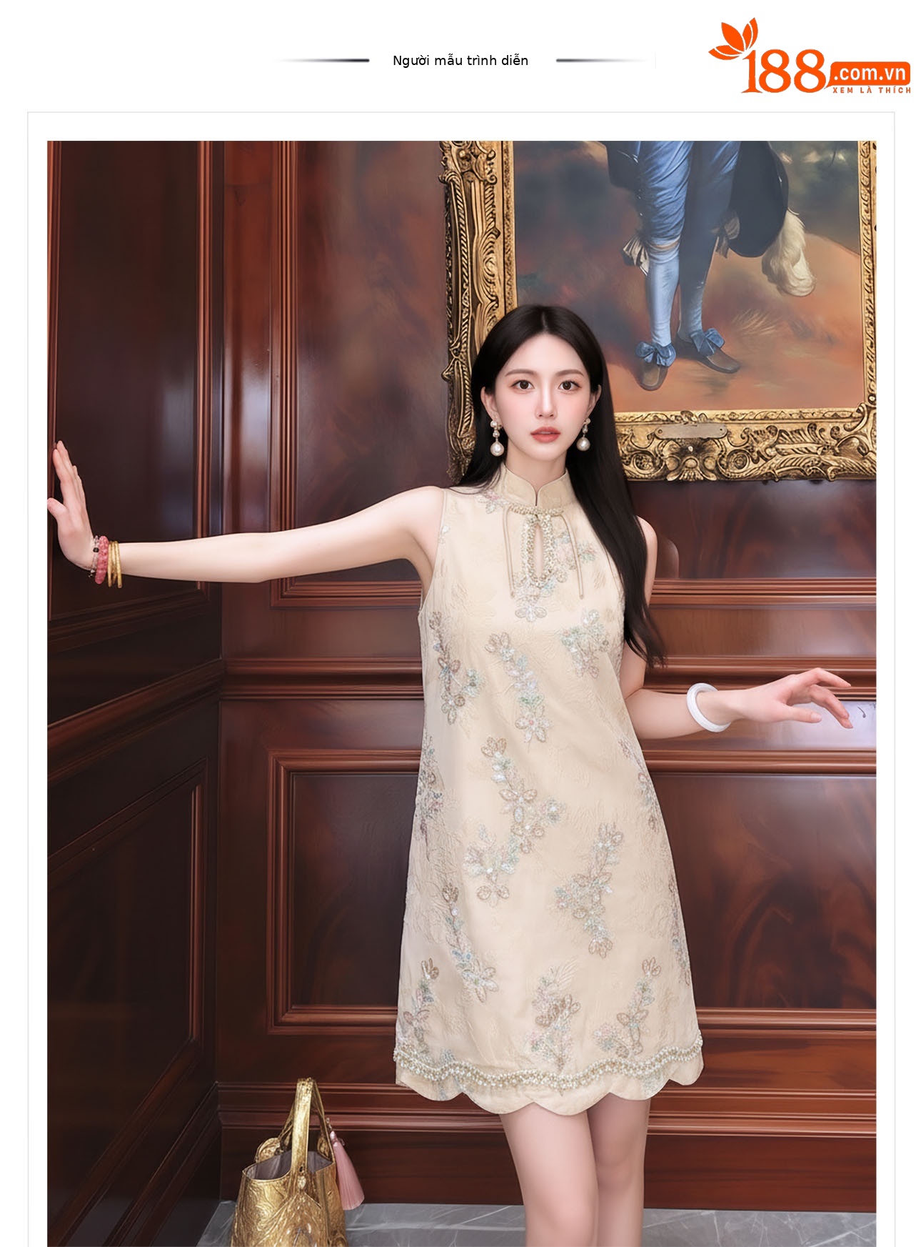 Đầm suông midi tay không họa tiết hoa nhí phong cách Tân Trung Hoa thêu hạt cườm — màu mơ chi tiết 1