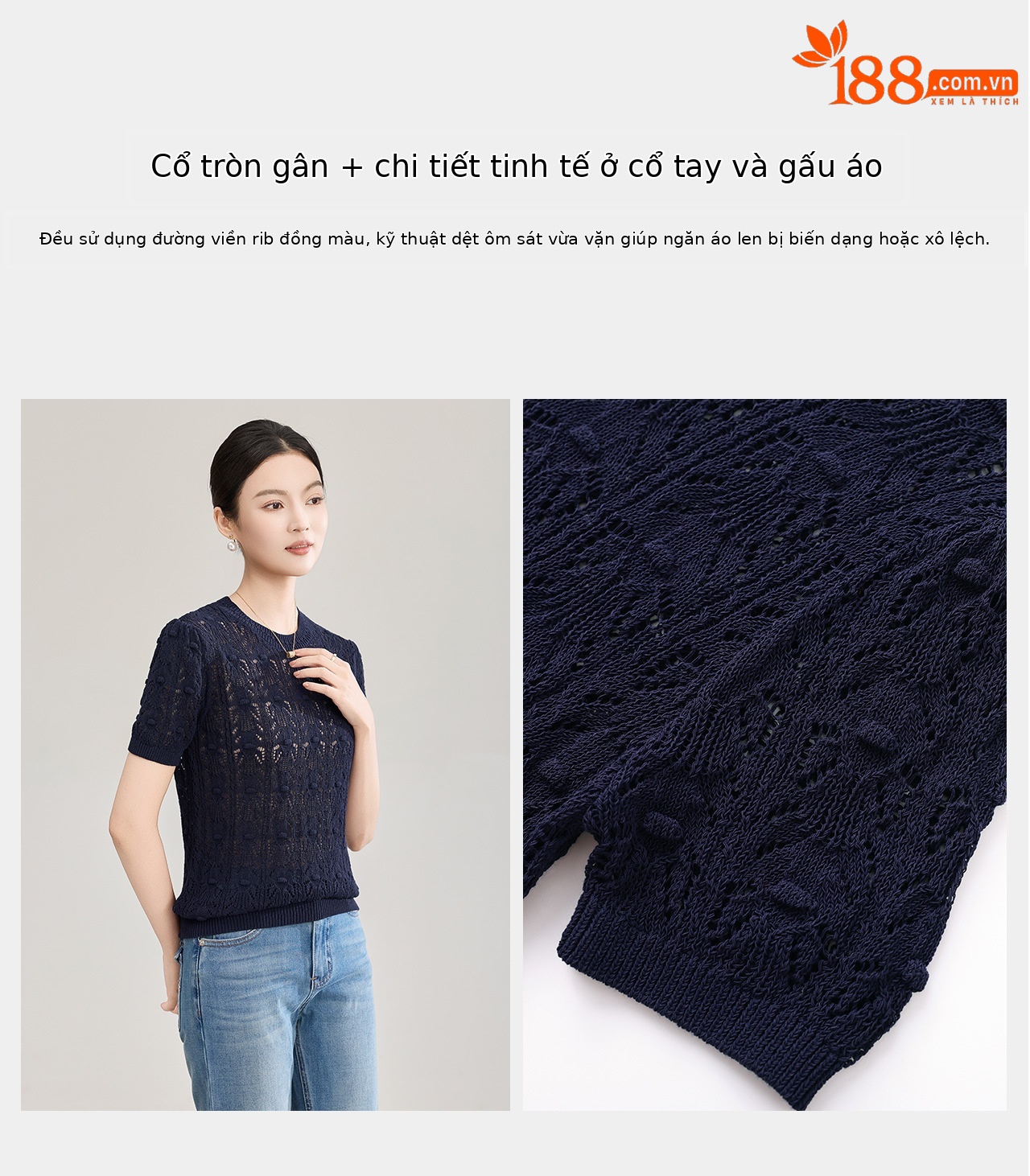 Áo thun nữ cổ tròn tay ngắn dệt kim hoa nổi — màu xanh navy chi tiết 10