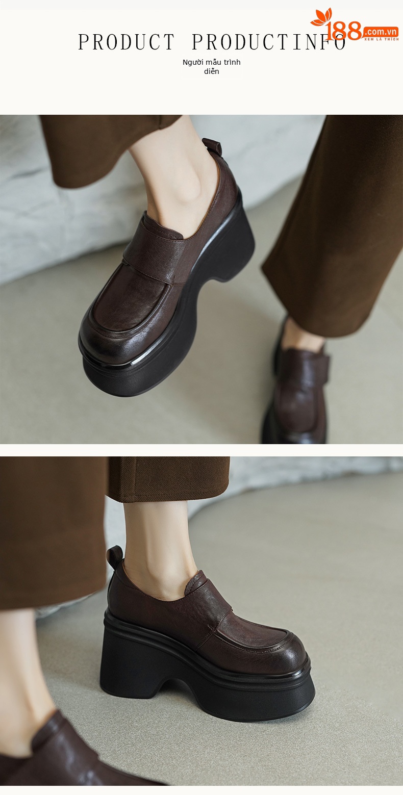 Giày loafer nữ đế xuồng cao gót 9 cm, da bò thật, quai dán tiện lợi — màu nâu, màu đen chi tiết 2