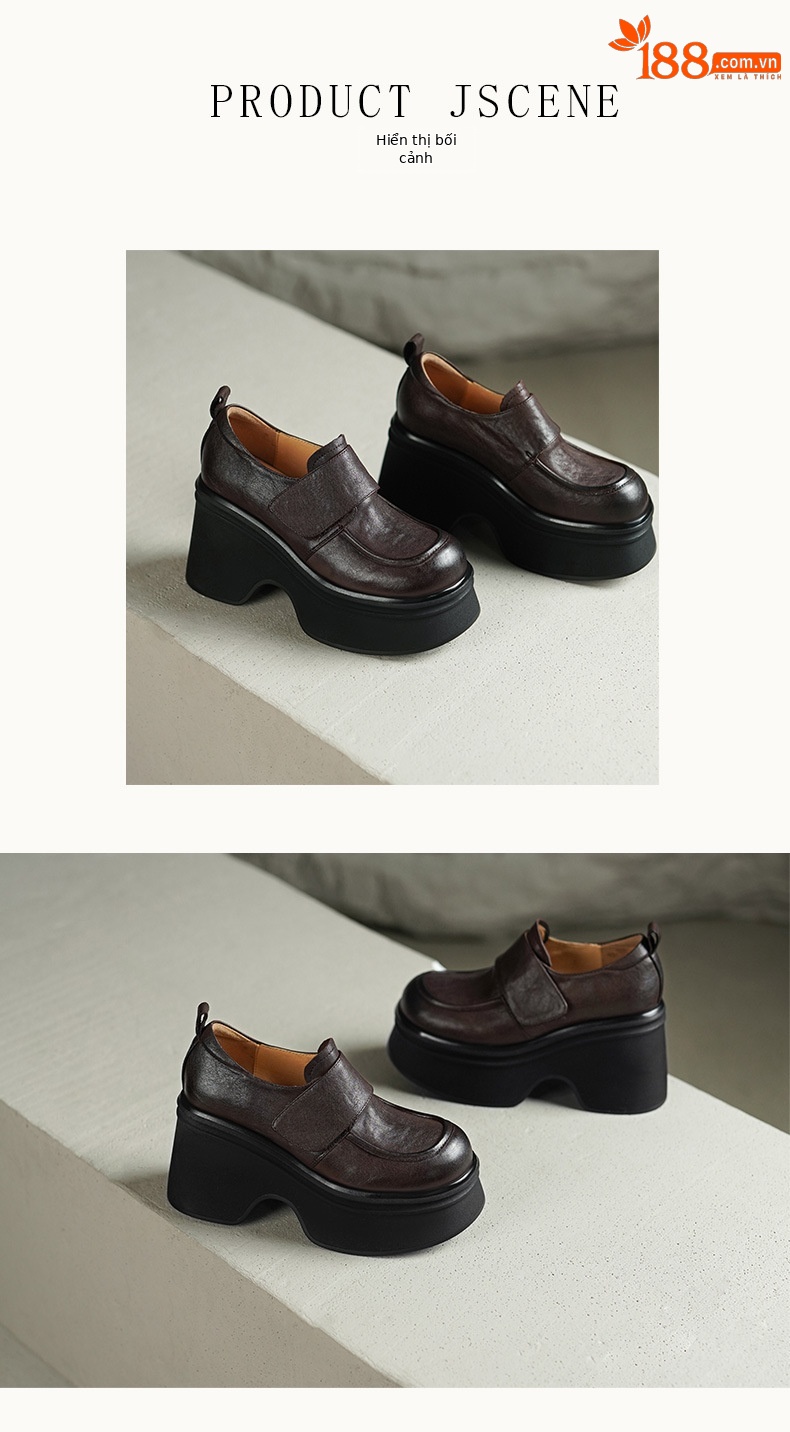 Giày loafer nữ đế xuồng cao gót 9 cm, da bò thật, quai dán tiện lợi — màu nâu, màu đen chi tiết 5