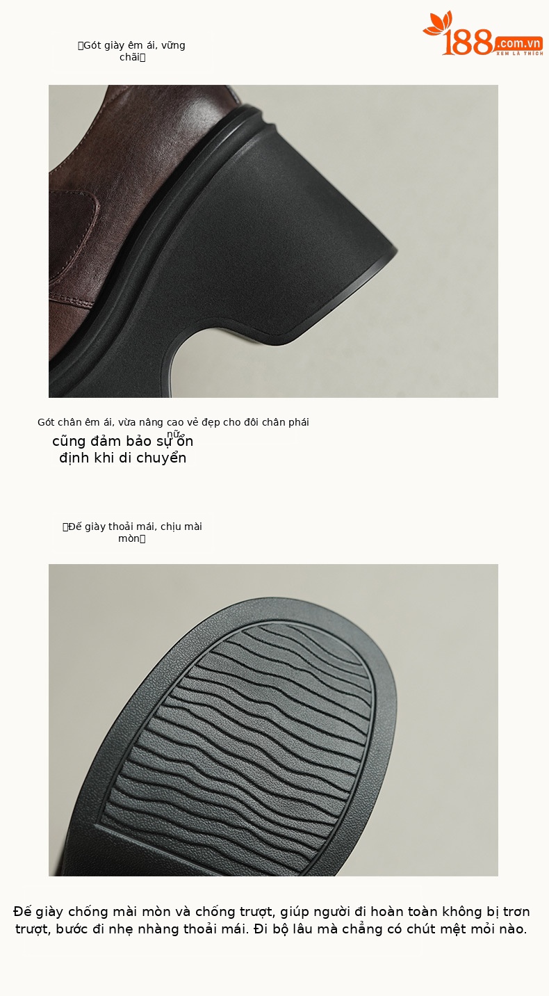 Giày loafer nữ đế xuồng cao gót 9 cm, da bò thật, quai dán tiện lợi — màu nâu, màu đen chi tiết 8