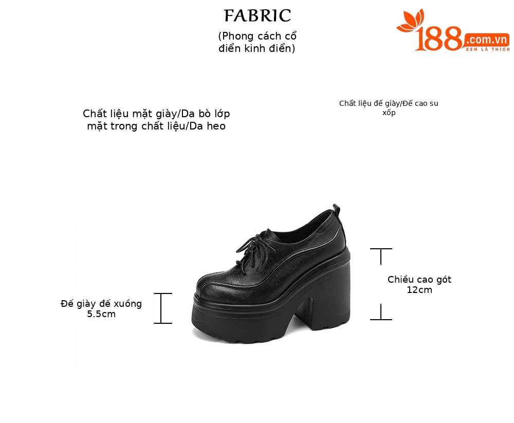 Giày loafer nữ đế xuồng cao gót 12 cm, mũi sâu buộc dây, da bò thật — màu nâu, màu đen chi tiết 3