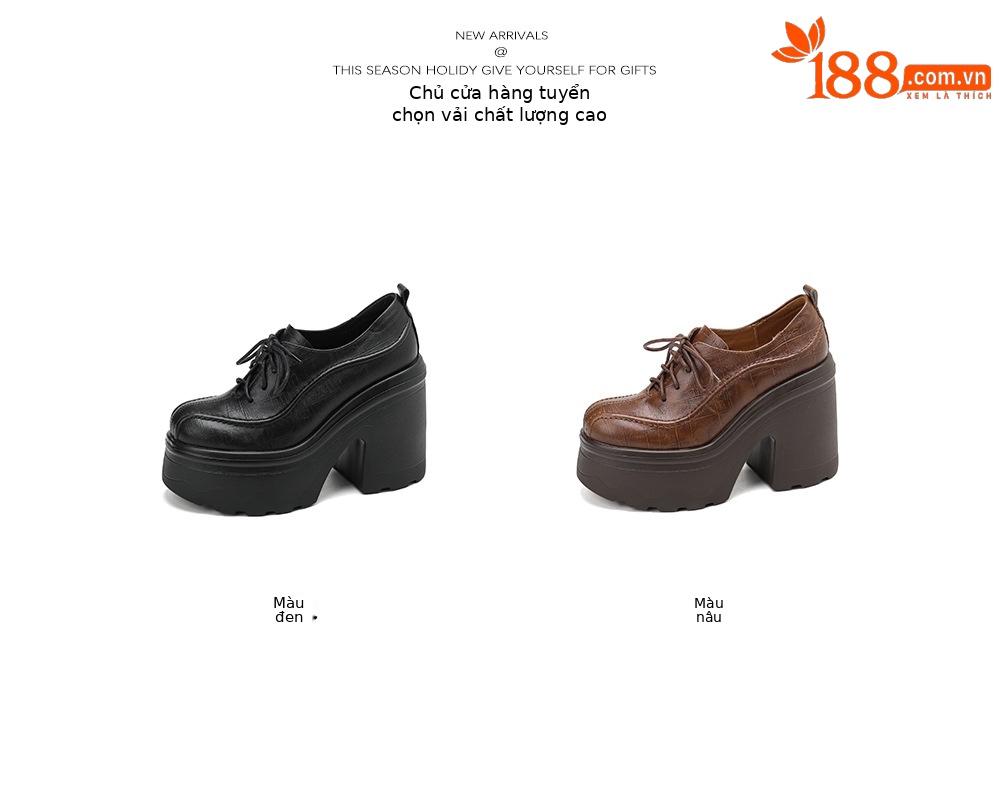 Giày loafer nữ đế xuồng cao gót 12 cm, mũi sâu buộc dây, da bò thật — màu nâu, màu đen chi tiết 5
