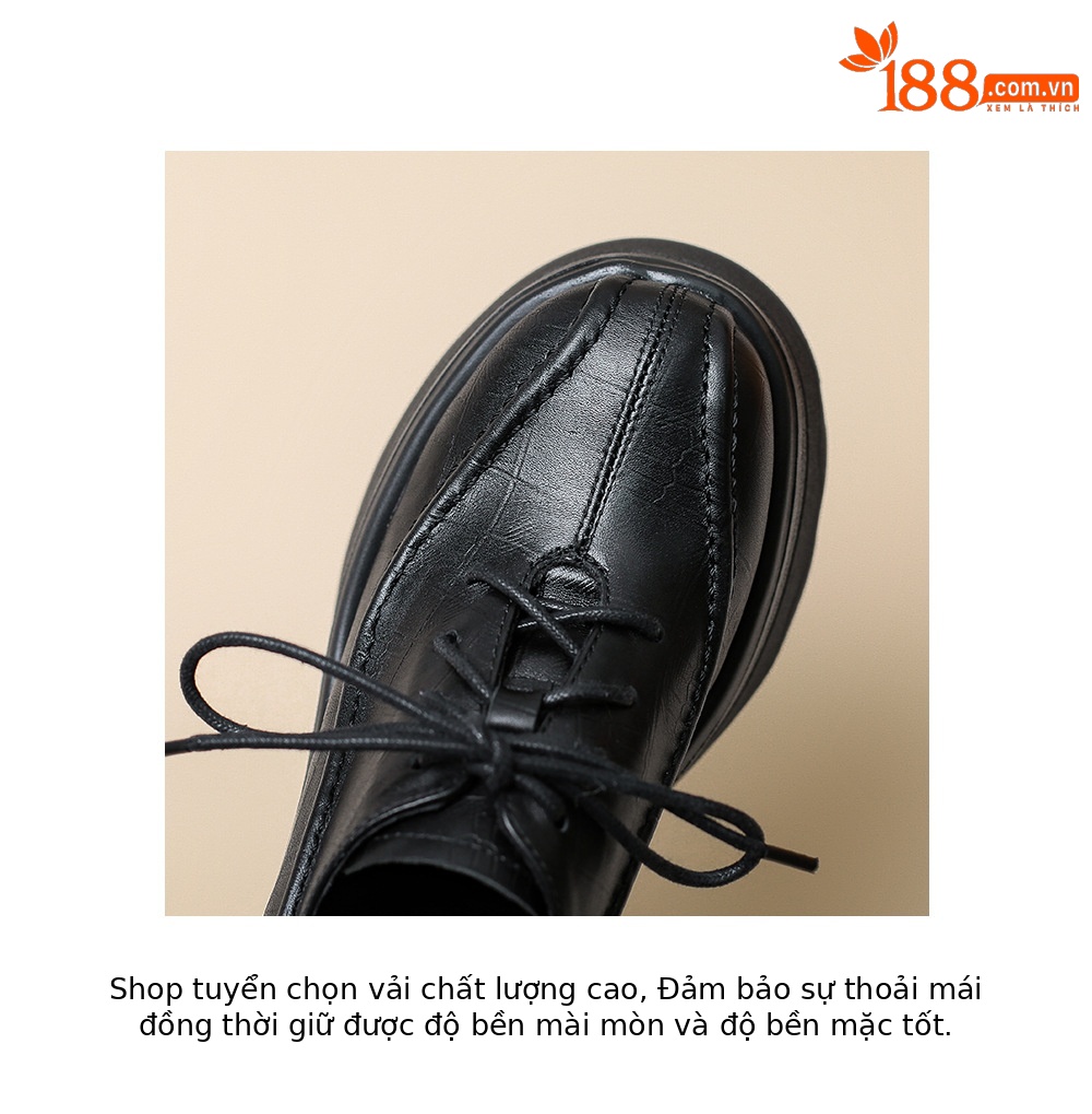 Giày loafer nữ đế xuồng cao gót 12 cm, mũi sâu buộc dây, da bò thật — màu nâu, màu đen chi tiết 17