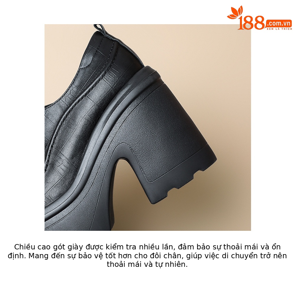 Giày loafer nữ đế xuồng cao gót 12 cm, mũi sâu buộc dây, da bò thật — màu nâu, màu đen chi tiết 19