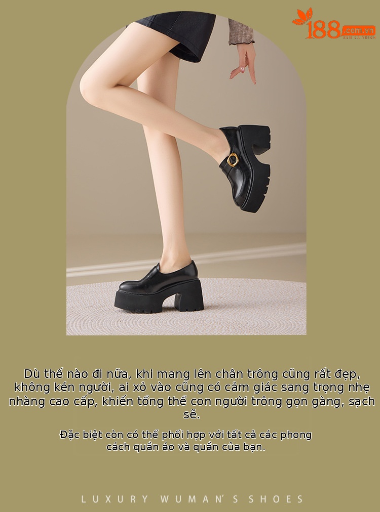 Giày loafer nữ da bò cao cấp gót vuông 10 cm, mũi nhọn khóa dây, đế dày — màu đen, màu đỏ chi tiết 3