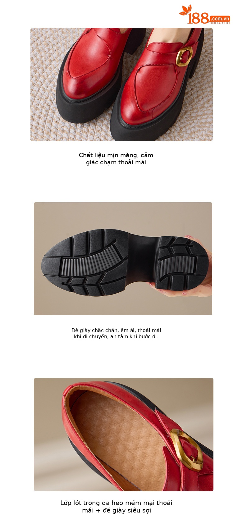 Giày loafer nữ da bò cao cấp gót vuông 10 cm, mũi nhọn khóa dây, đế dày — màu đen, màu đỏ chi tiết 5