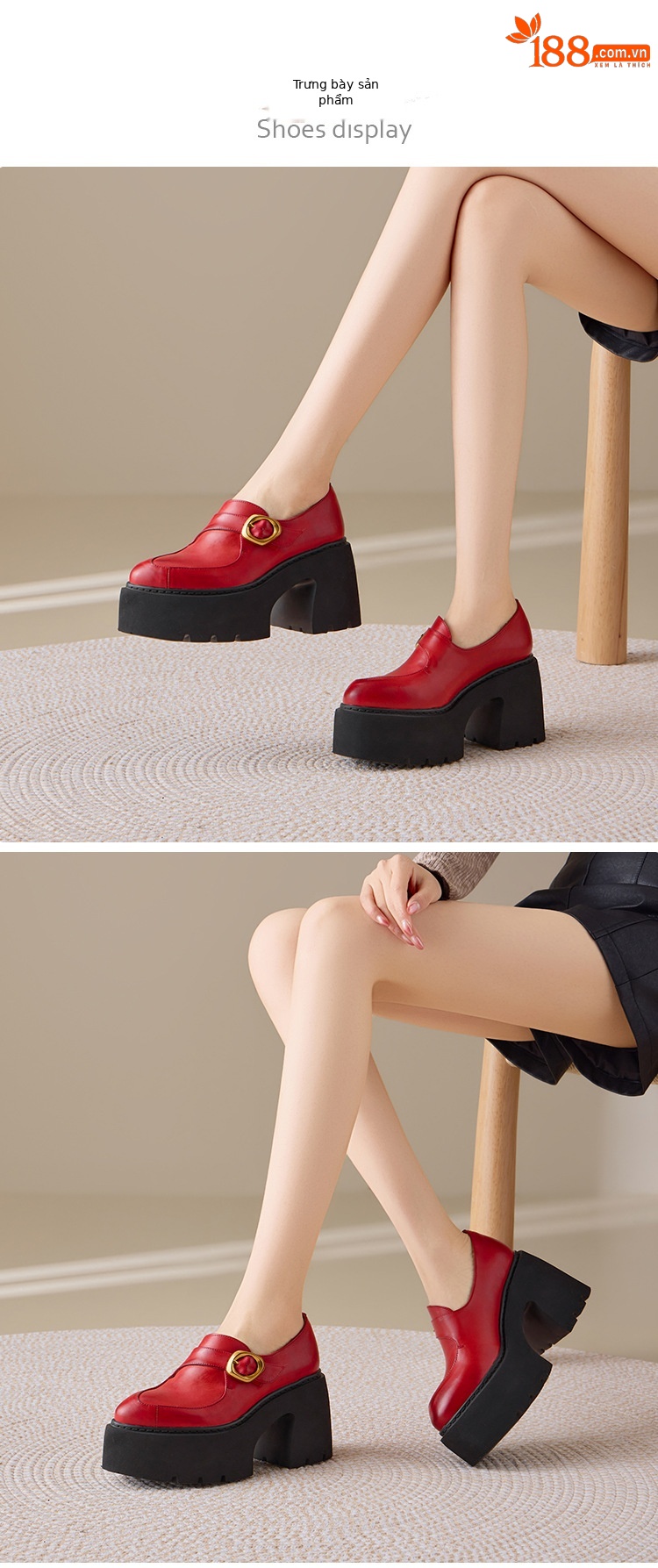 Giày loafer nữ da bò cao cấp gót vuông 10 cm, mũi nhọn khóa dây, đế dày — màu đen, màu đỏ chi tiết 6