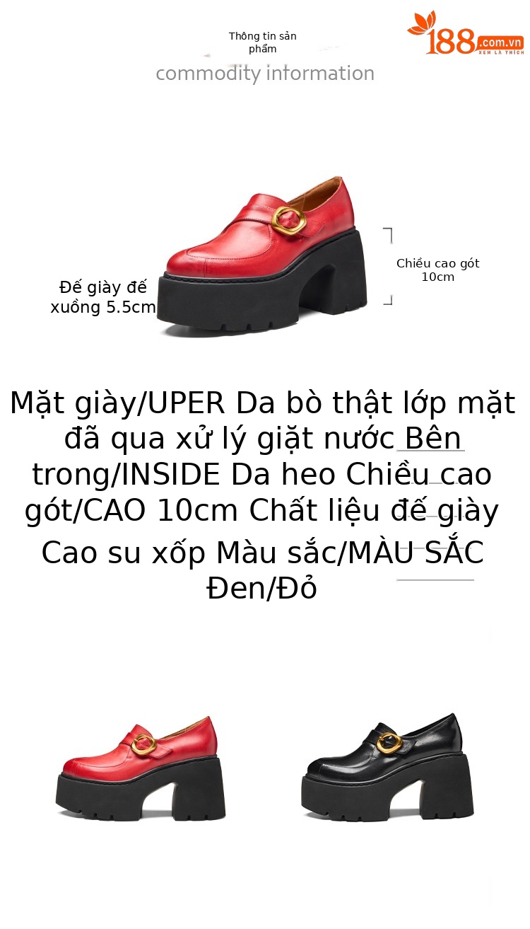 Giày loafer nữ da bò cao cấp gót vuông 10 cm, mũi nhọn khóa dây, đế dày — màu đen, màu đỏ chi tiết 4