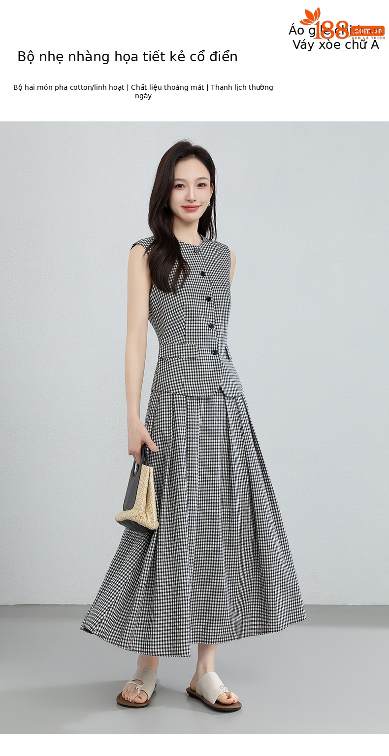 Áo gile nữ cổ tròn kẻ sọc đen trắng phối chân váy linen cạp chun — Áo gi lê - 66080 ô đen trắng chi tiết 1
