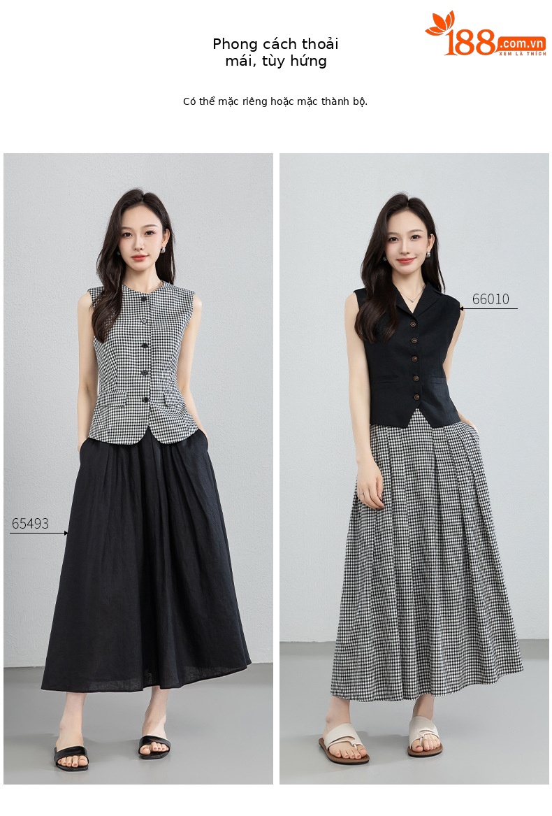 Áo gile nữ cổ tròn kẻ sọc đen trắng phối chân váy linen cạp chun — Áo gi lê - 66080 ô đen trắng chi tiết 4