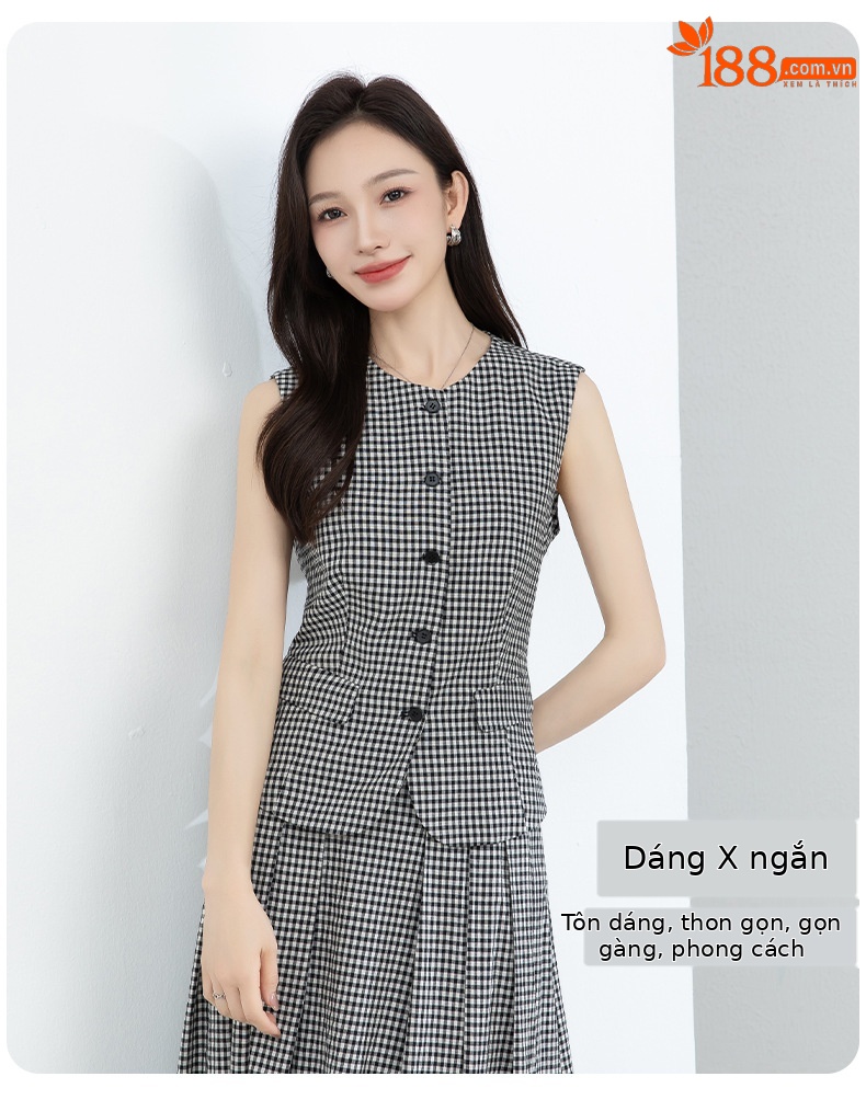Áo gile nữ cổ tròn kẻ sọc đen trắng phối chân váy linen cạp chun — Áo gi lê - 66080 ô đen trắng chi tiết 6