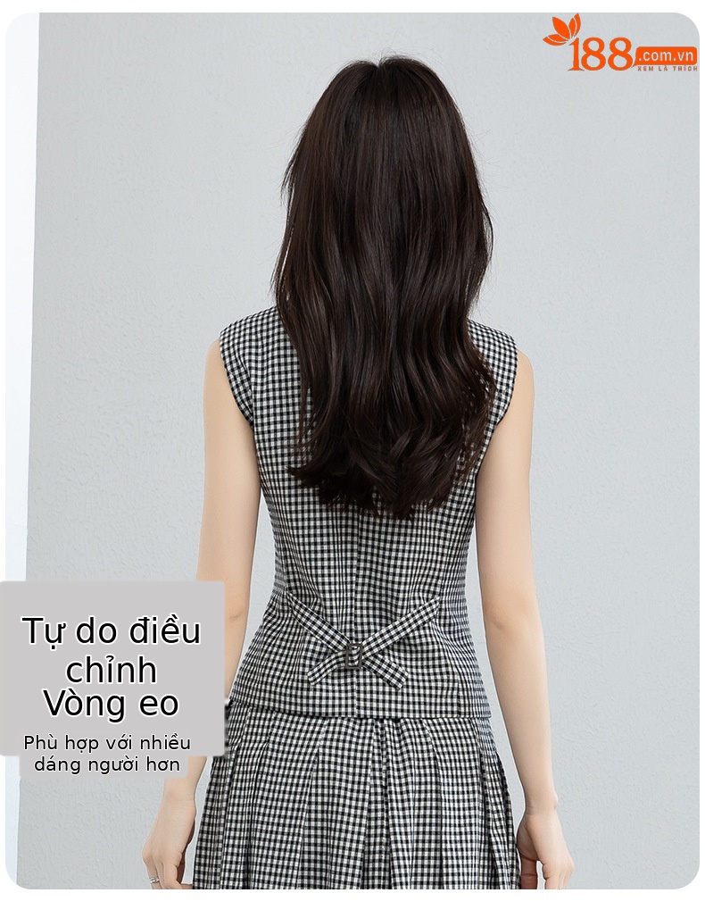 Áo gile nữ cổ tròn kẻ sọc đen trắng phối chân váy linen cạp chun — Áo gi lê - 66080 ô đen trắng chi tiết 7
