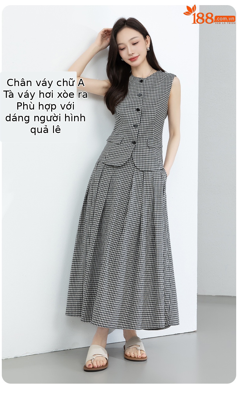 Áo gile nữ cổ tròn kẻ sọc đen trắng phối chân váy linen cạp chun — Áo gi lê - 66080 ô đen trắng chi tiết 8
