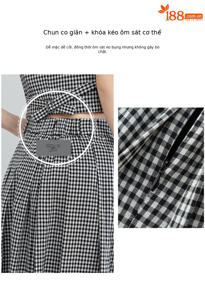Áo gile nữ cổ tròn kẻ sọc đen trắng phối chân váy linen cạp chun — Áo gi lê - 66080 ô đen trắng chi tiết 9