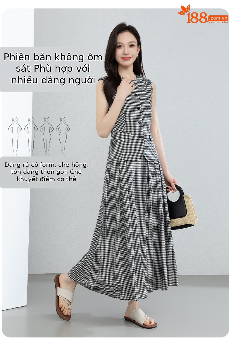 Áo gile nữ cổ tròn kẻ sọc đen trắng phối chân váy linen cạp chun — Áo gi lê - 66080 ô đen trắng chi tiết 10