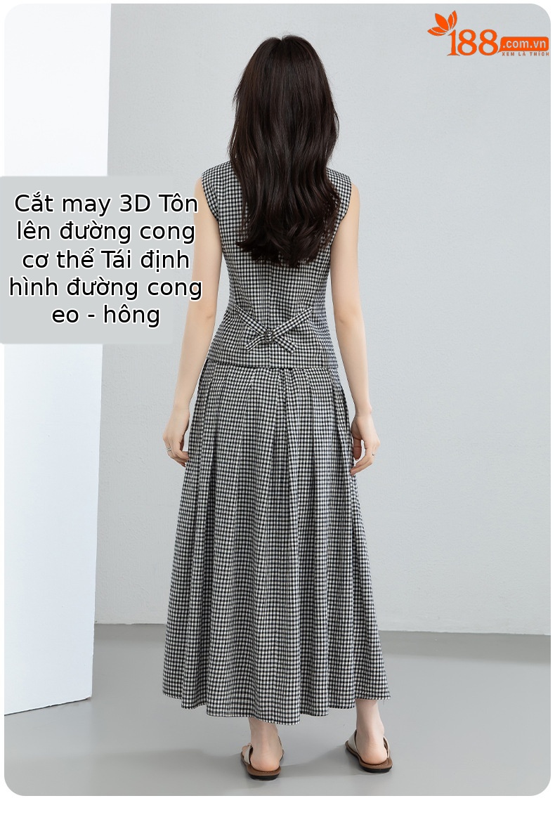 Áo gile nữ cổ tròn kẻ sọc đen trắng phối chân váy linen cạp chun — Áo gi lê - 66080 ô đen trắng chi tiết 11