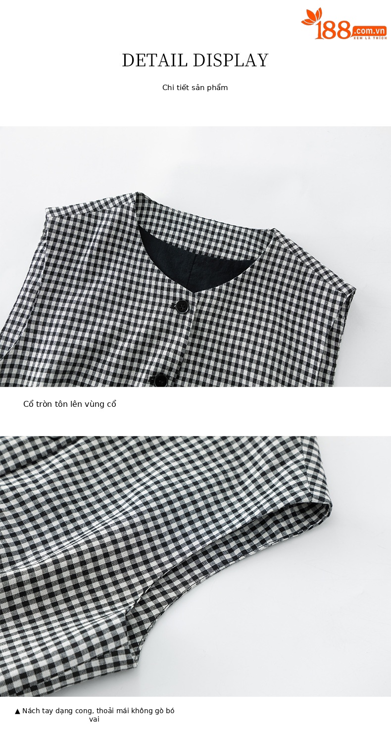 Áo gile nữ cổ tròn kẻ sọc đen trắng phối chân váy linen cạp chun — Áo gi lê - 66080 ô đen trắng chi tiết 12