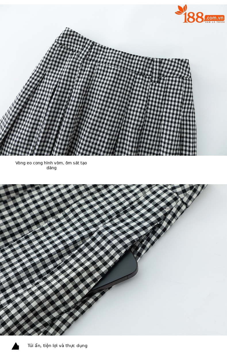 Áo gile nữ cổ tròn kẻ sọc đen trắng phối chân váy linen cạp chun — Áo gi lê - 66080 ô đen trắng chi tiết 14