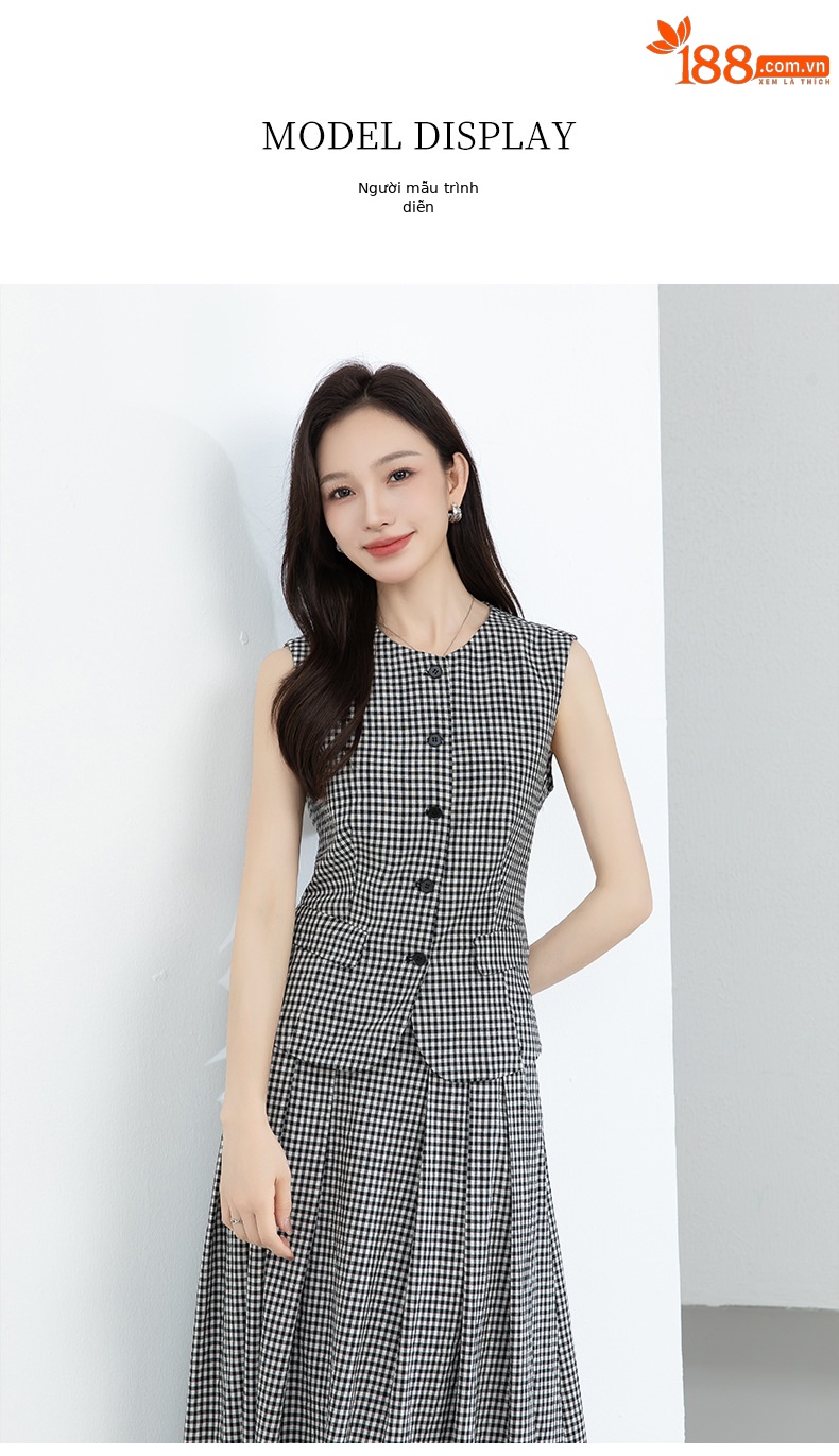 Áo gile nữ cổ tròn kẻ sọc đen trắng phối chân váy linen cạp chun — Áo gi lê - 66080 ô đen trắng chi tiết 17