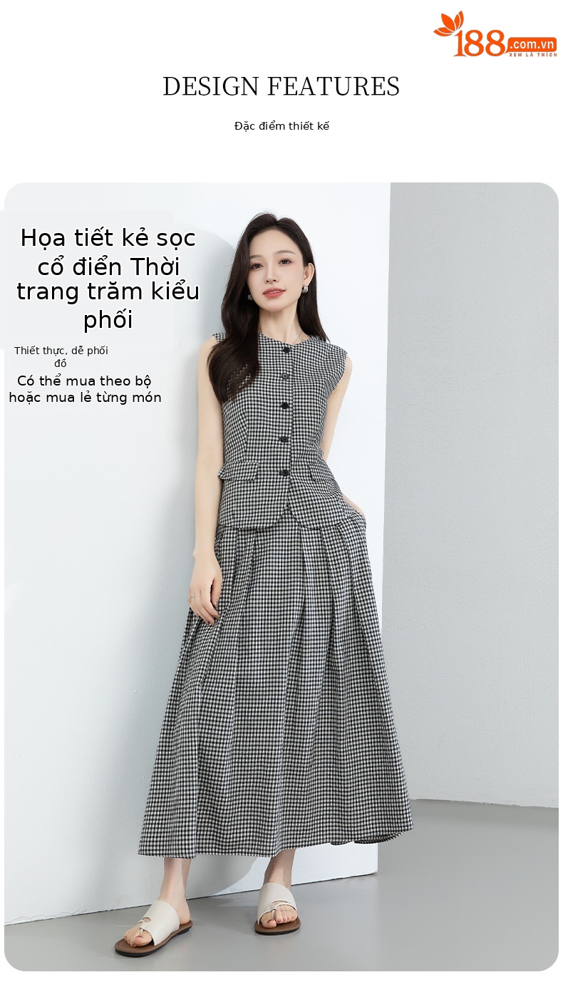 Áo gile nữ cổ tròn kẻ sọc đen trắng phối chân váy linen cạp chun — Áo gi lê - 66080 ô đen trắng chi tiết 5