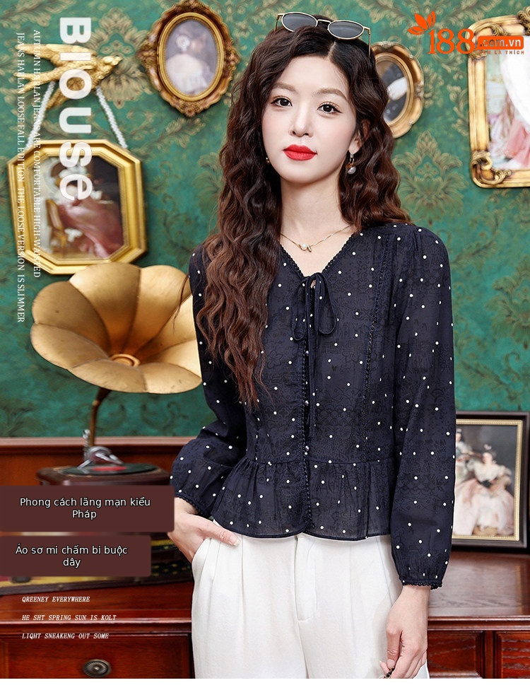 Áo sơ mi nữ tay dài cổ nơ bướm họa tiết chấm bi phong cách vintage — Xanh lông mòng đen chi tiết 1