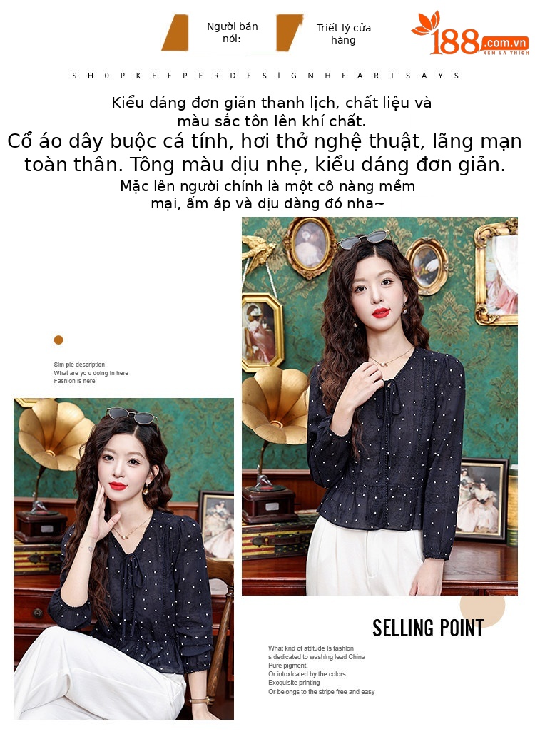 Áo sơ mi nữ tay dài cổ nơ bướm họa tiết chấm bi phong cách vintage — Xanh lông mòng đen chi tiết 2