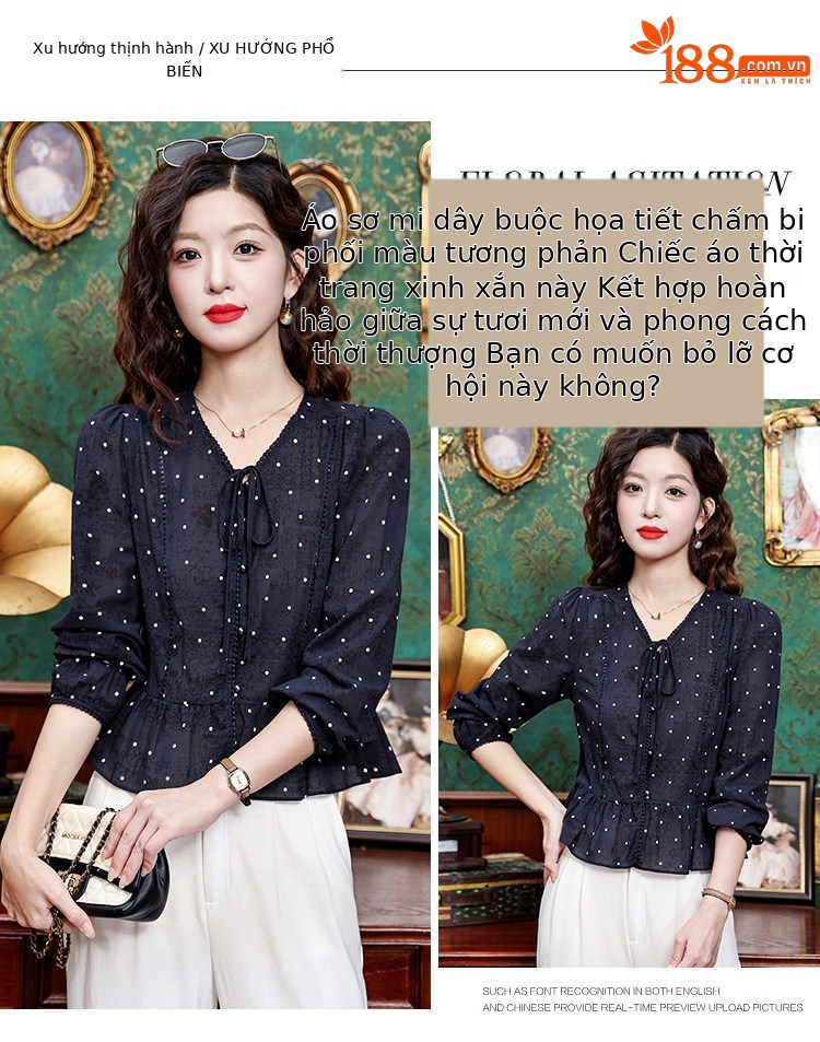 Áo sơ mi nữ tay dài cổ nơ bướm họa tiết chấm bi phong cách vintage — Xanh lông mòng đen chi tiết 3