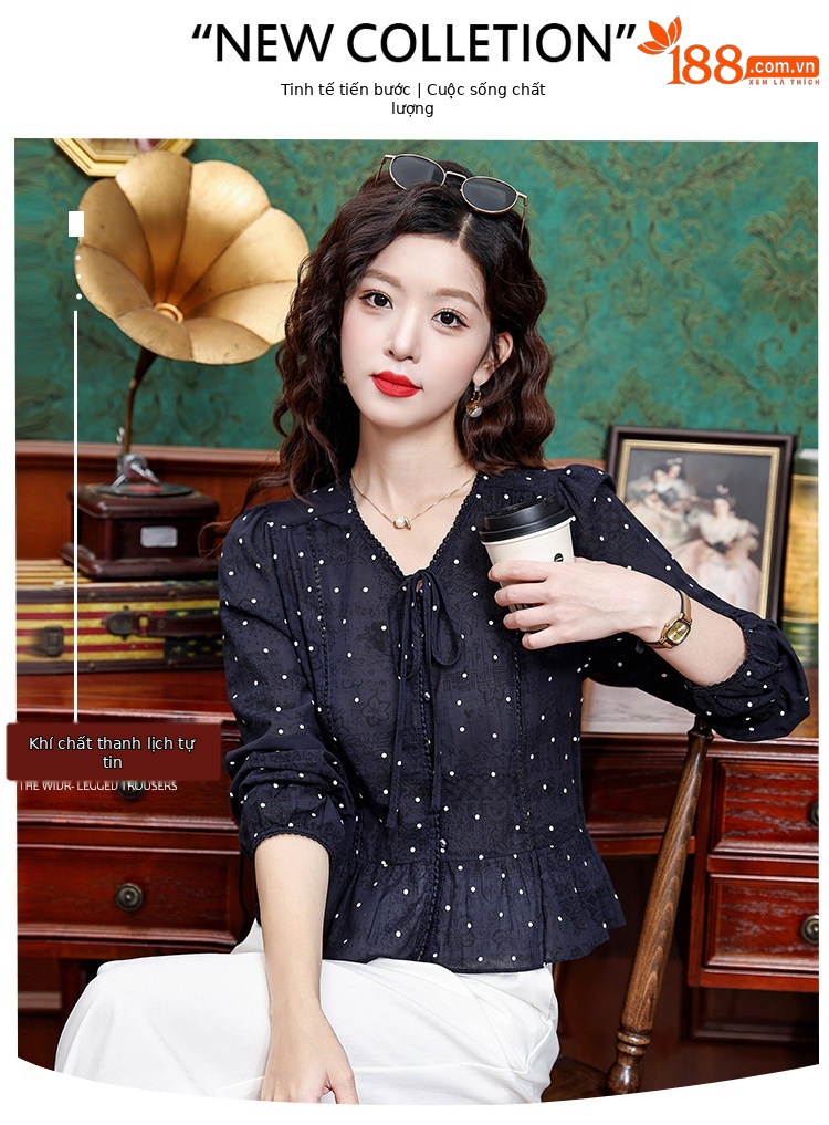 Áo sơ mi nữ tay dài cổ nơ bướm họa tiết chấm bi phong cách vintage — Xanh lông mòng đen chi tiết 4