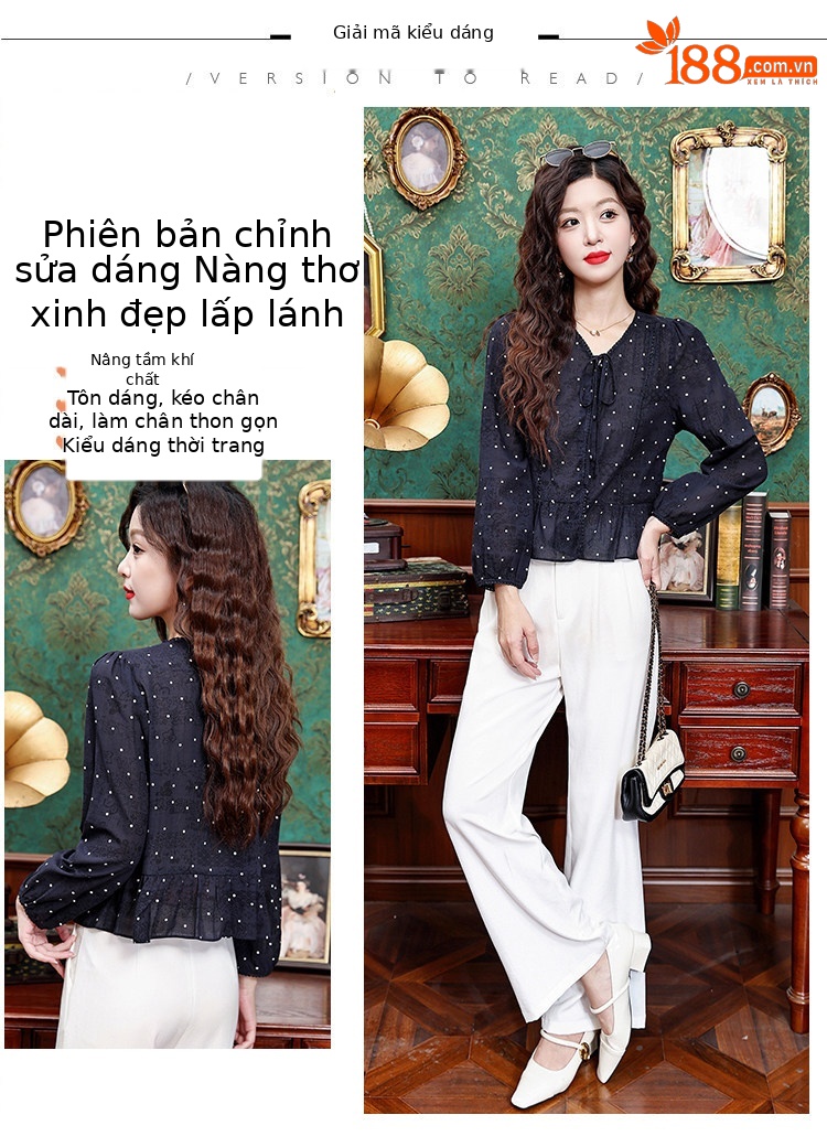 Áo sơ mi nữ tay dài cổ nơ bướm họa tiết chấm bi phong cách vintage — Xanh lông mòng đen chi tiết 5