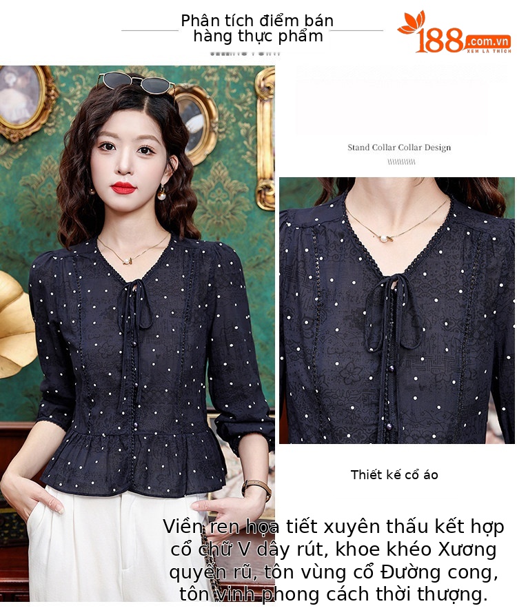 Áo sơ mi nữ tay dài cổ nơ bướm họa tiết chấm bi phong cách vintage — Xanh lông mòng đen chi tiết 6