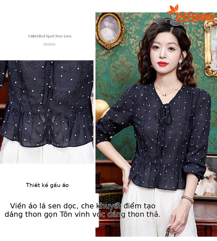 Áo sơ mi nữ tay dài cổ nơ bướm họa tiết chấm bi phong cách vintage — Xanh lông mòng đen chi tiết 8