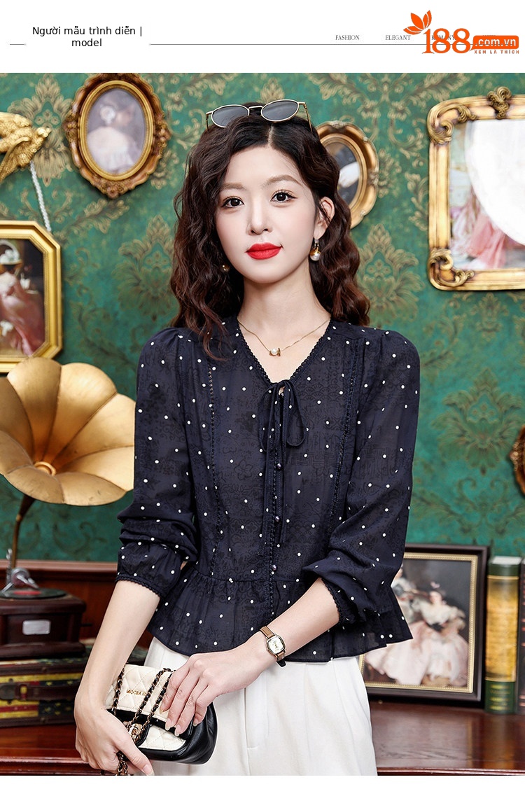 Áo sơ mi nữ tay dài cổ nơ bướm họa tiết chấm bi phong cách vintage — Xanh lông mòng đen chi tiết 10