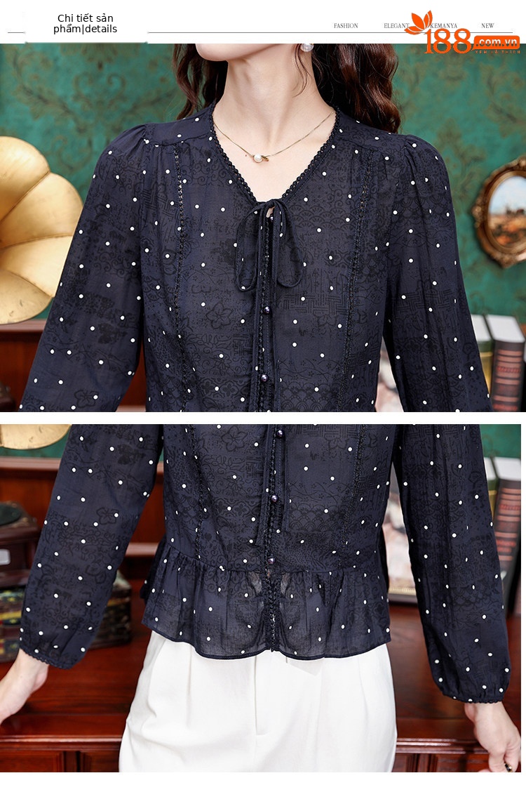 Áo sơ mi nữ tay dài cổ nơ bướm họa tiết chấm bi phong cách vintage — Xanh lông mòng đen chi tiết 19