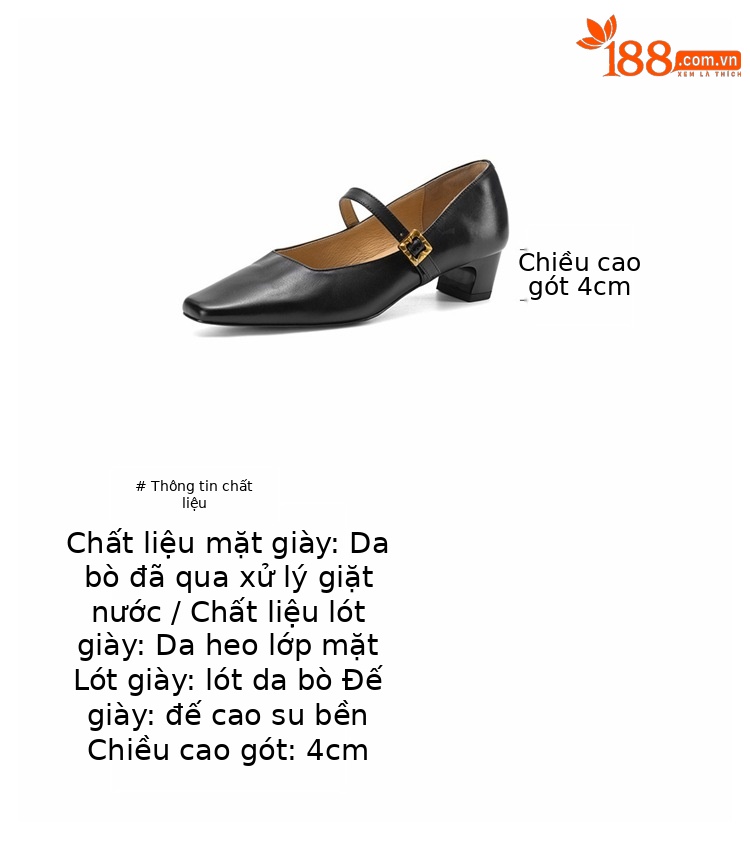 Giày cao gót nữ gót vuông 4cm da bò thật mũi nhọn phong cách Hàn Quốc — đen chi tiết 4