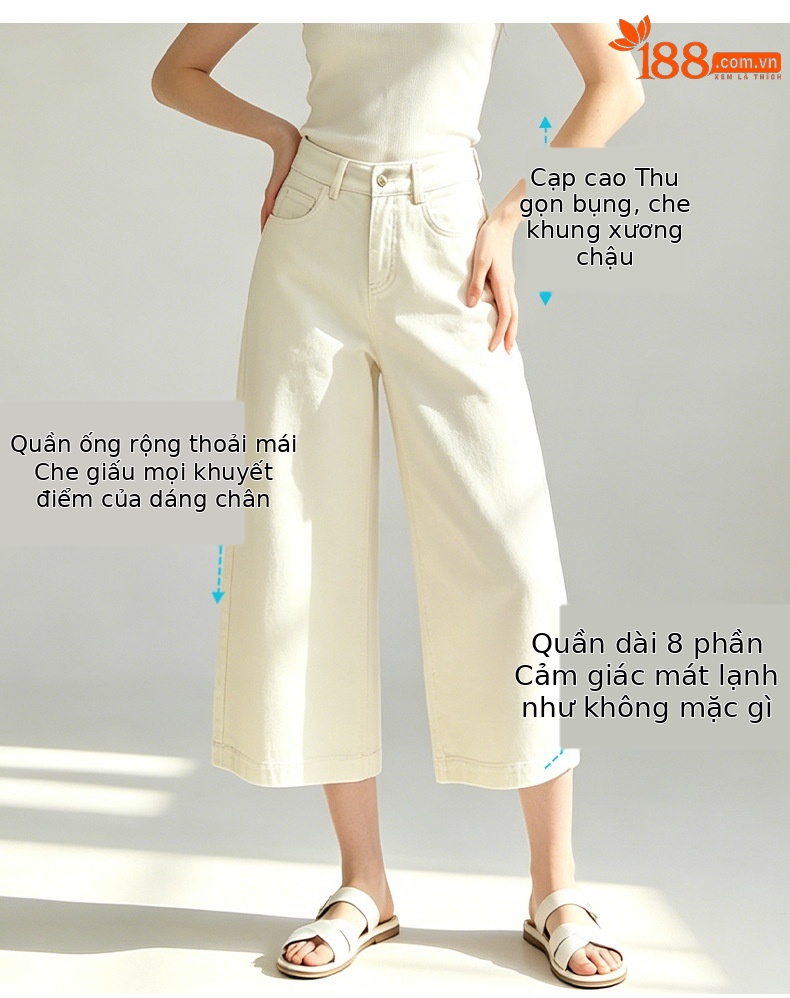 Quần jean nữ ống rộng cạp cao dáng suông phong cách Mỹ — xanh lam chi tiết 4