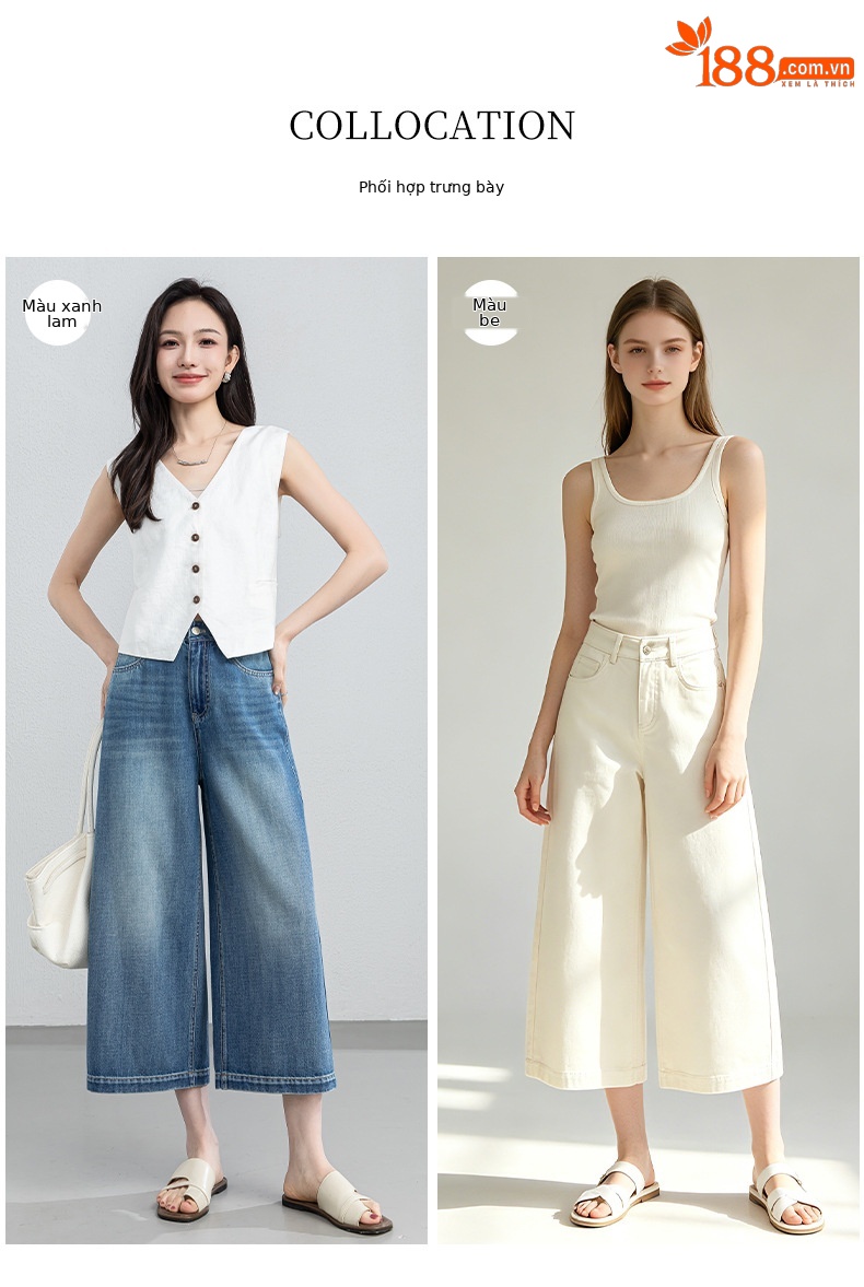 Quần jean nữ ống rộng cạp cao dáng suông phong cách Mỹ — xanh lam chi tiết 5