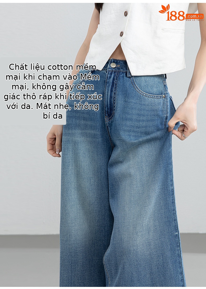Quần jean nữ ống rộng cạp cao dáng suông phong cách Mỹ — xanh lam chi tiết 9