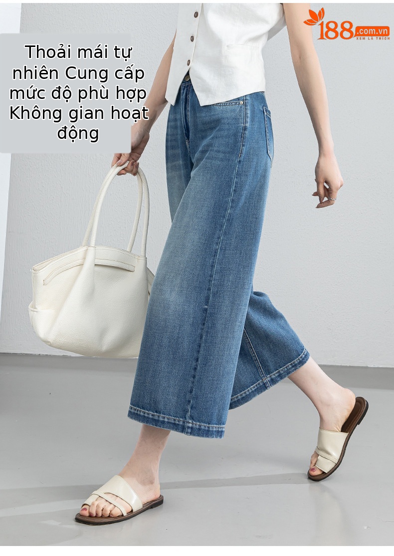 Quần jean nữ ống rộng cạp cao dáng suông phong cách Mỹ — xanh lam chi tiết 11
