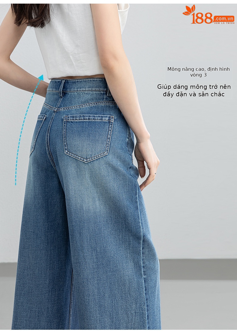 Quần jean nữ ống rộng cạp cao dáng suông phong cách Mỹ — xanh lam chi tiết 13
