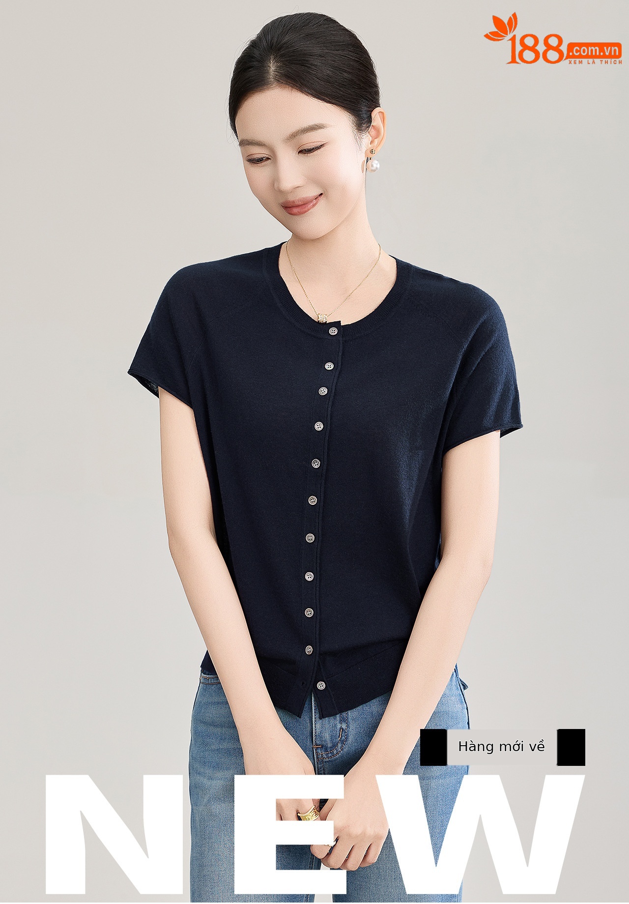 Áo cardigan len nhỏ tay ngắn dáng rộng phong cách lười biếng — màu xanh navy chi tiết 1
