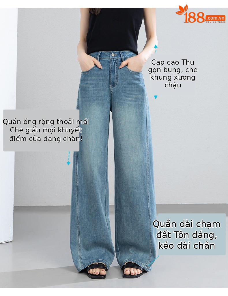 Quần jean nữ ống rộng cạp cao chất vải denim pha sợi tencel mềm mại — xanh lam chi tiết 5