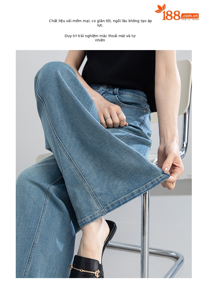 Quần jean nữ ống rộng cạp cao chất vải denim pha sợi tencel mềm mại — xanh lam chi tiết 6