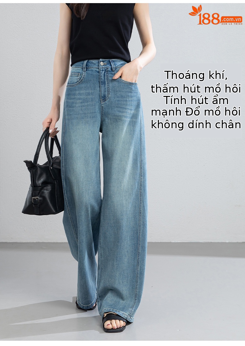 Quần jean nữ ống rộng cạp cao chất vải denim pha sợi tencel mềm mại — xanh lam chi tiết 9
