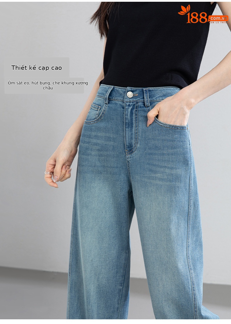 Quần jean nữ ống rộng cạp cao chất vải denim pha sợi tencel mềm mại — xanh lam chi tiết 10