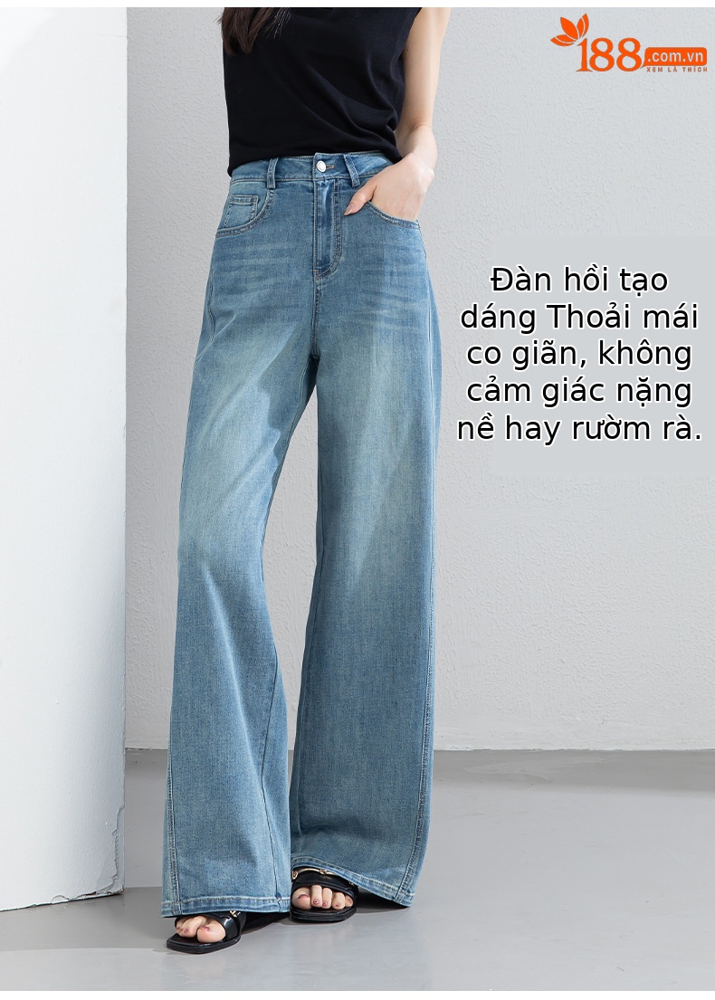 Quần jean nữ ống rộng cạp cao chất vải denim pha sợi tencel mềm mại — xanh lam chi tiết 11