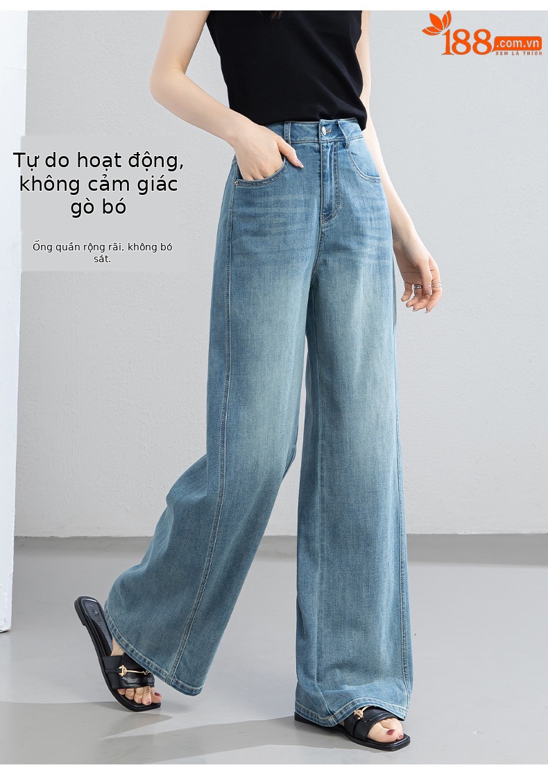 Quần jean nữ ống rộng cạp cao chất vải denim pha sợi tencel mềm mại — xanh lam chi tiết 12
