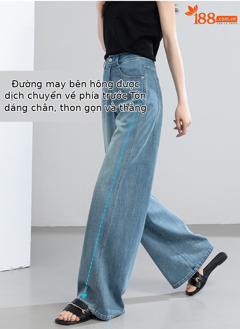 Quần jean nữ ống rộng cạp cao chất vải denim pha sợi tencel mềm mại — xanh lam chi tiết 13