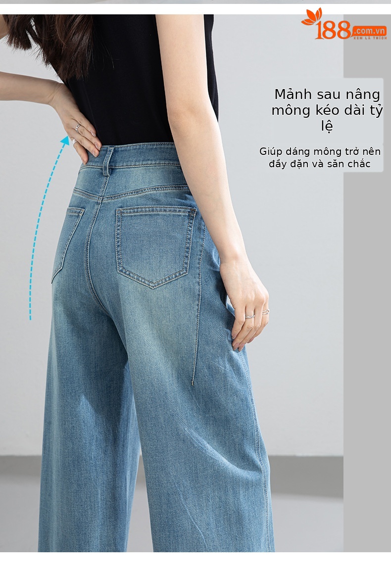 Quần jean nữ ống rộng cạp cao chất vải denim pha sợi tencel mềm mại — xanh lam chi tiết 14
